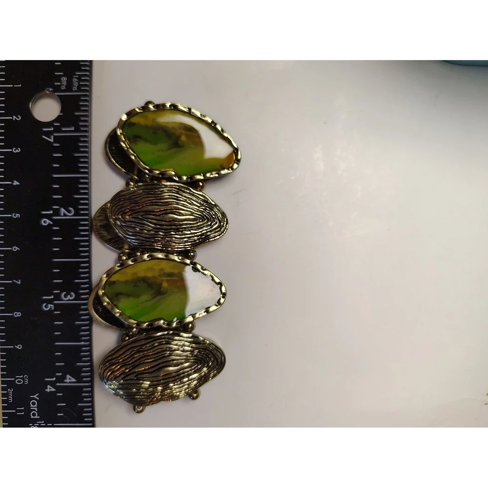 Vintage Style Chunky Stretch‎ Cuff Bracelet Green Marbled Resin Gold Tone Metal